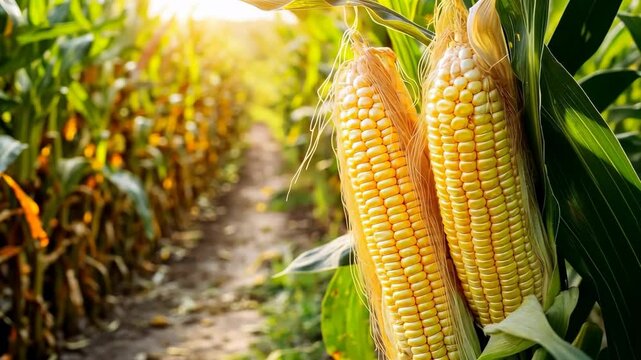 Corn cobs in corn plantation field. Big Yellow Corn Cob. Green cornfield ready for harvest, late afternoon light, sunset. cornfield at harvest. Low Angle View of a Row Of Young Corn Stalks. Sweetcorn