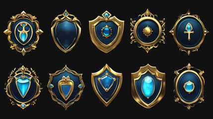 Game gold award badges with decorative frames.Vector cartoon icons set of glossy emblems with fantasy borders and blue elements. Achievement label for win in game