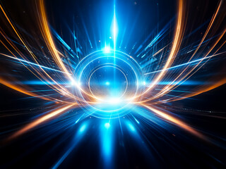 Obraz premium A mesmerizing digital artwork featuring a glowing circular portal, surrounded by vibrant streaks of light, creating a sense of speed and futuristic technology. The dark background enhances the lumine