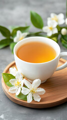 a cup of green tea on wooden tray with flowers and leaves
