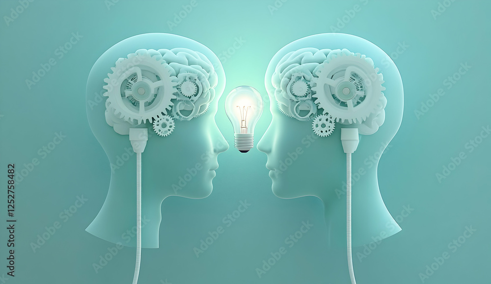 Poster two simple line heads connected by an idea light bulb on a blue background