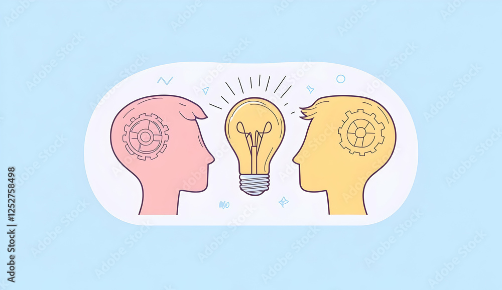 Poster two simple line heads connected by an idea light bulb on a blue background