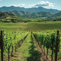 Fototapeta premium A lush vineyard with rows of grapevines, set against a mountainous backdrop