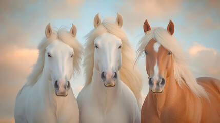Obraz premium Three majestic horses at sunset, peaceful field background, perfect for equine-themed publications