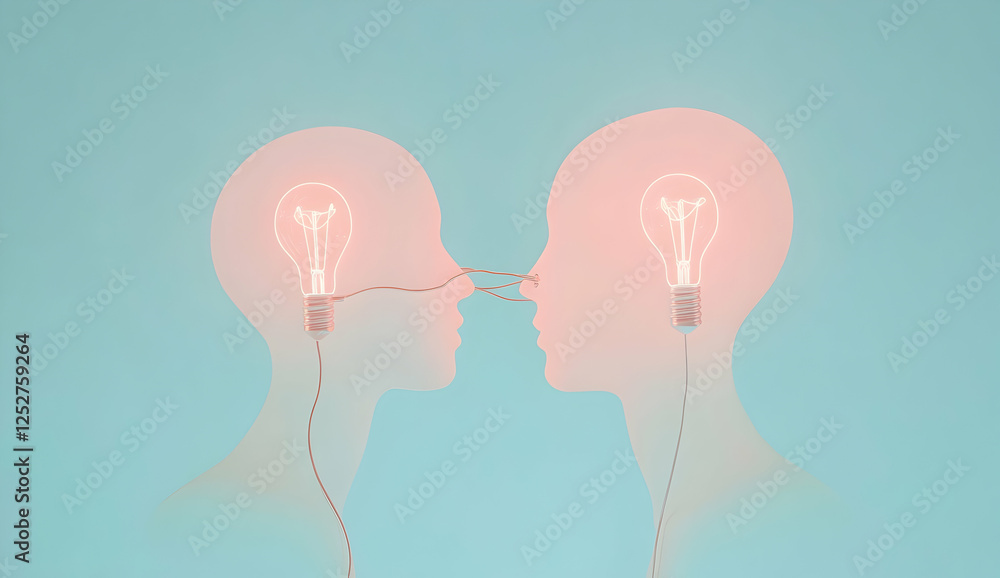 Poster two simple line heads connected by an idea light bulb on a blue background