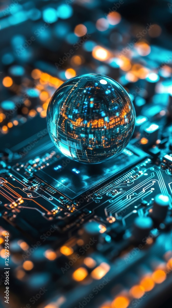 Poster close-up of a glass orb resting on a circuit board with illuminated connections and reflections