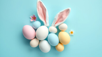 Colorful Easter eggs with bunny ears on pastel blue background.