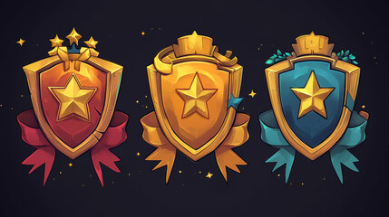 Obraz premium Gold achievement, level up and rank badge for game ui design. Cartoon vector illustration set icon of golden medal with ribbons. Videogame winner award trophy emblem. Bonus or rating insignia.
