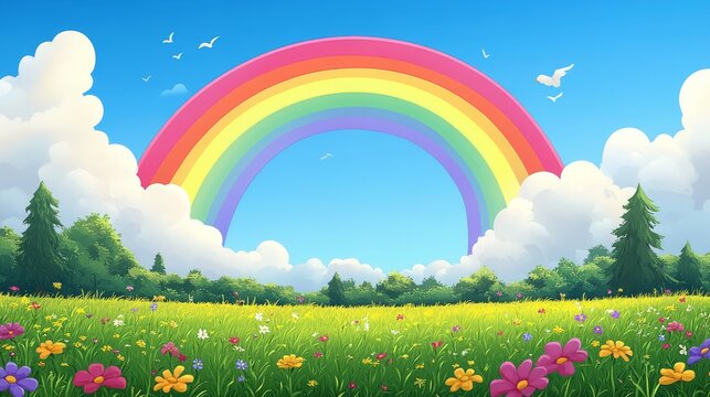 Whimsical Rainbow Landscape, Vibrant Field of Flowers Under a Colorful Arc