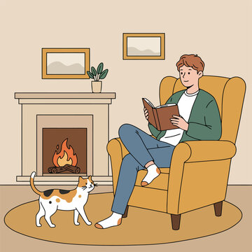 recommend clip art: Man Reading Book by Fireplace with Cozy Cat