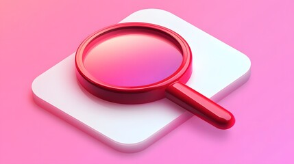 Red Magnifying Glass Icon on Pink Background for Search Concept