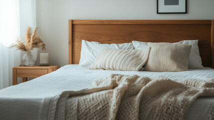 Bed with headboard for hotel or flat room interior illustration. Wooden bedroom double furniture with mattress, cotton blanket and pillow to sleep. Construct cozy modern household element for game
