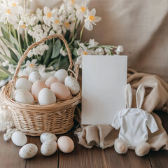 Cozy Easter Still Life with Knitted Bunny, White Tulips, and Blank Card
