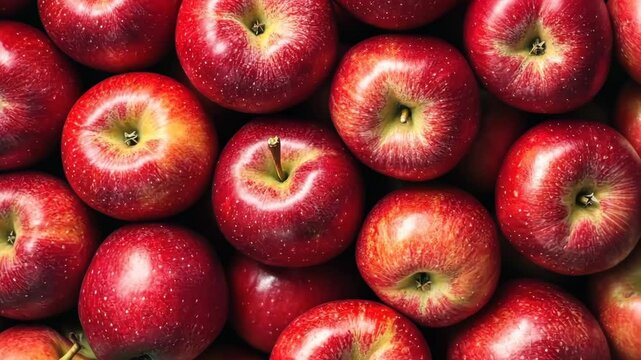 Red apples background. Ripe big dark red apples royal gala wallpaper. Closeup top view apple pattern. Bright shiny fragrant fruits and water drops. Harvesting, fresh healthy food concept. Above view