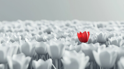 Fototapeta premium A vast field of blooming white tulips with a single striking red tulip standing out. Hyper-realistic Cinema 4D render showcasing contrast and uniqueness in nature.