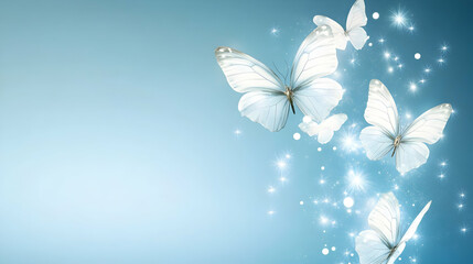 A dreamy light blue background with ethereal white butterflies and sparkling light effects, creating a magical ambiance.
