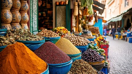 A beautifully arranged outdoor market featuring colorful, exotic fruits, vegetables, and spices in a vibrant setting.