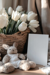 Cozy Easter Still Life with Knitted Bunny, White Tulips, and Blank Card