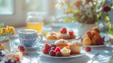 Vibrant Breakfast Table with Cupcake, Berries, and Fresh Juice