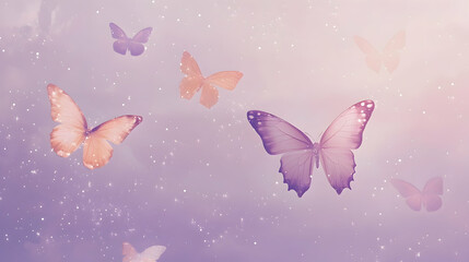 Purple and peach butterflies on a soft purple and peach background.
