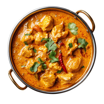 Traditional Indian butter chicken curry in balti dish isolated on transparent background, PNG