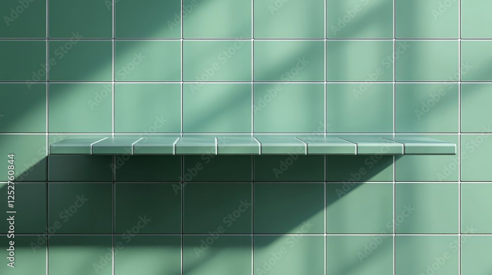 Poster green shelf made from square tile on wall with diagonal line texture. realistic 3d vector illustrati