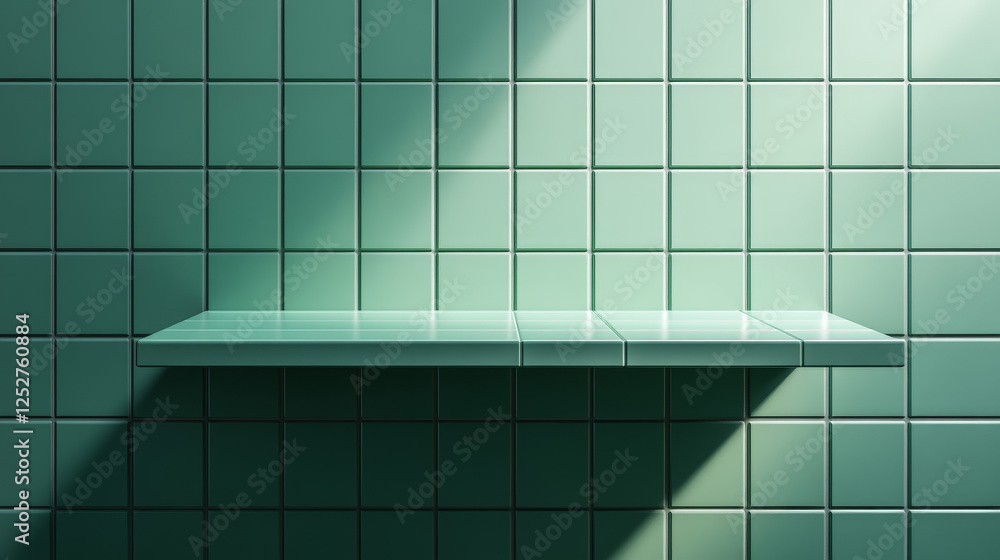 Poster green shelf made from square tile on wall with diagonal line texture. realistic 3d vector illustrati
