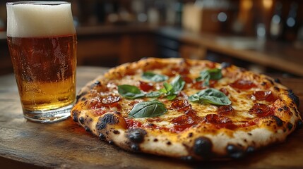 Delicious pepperoni pizza with refreshing beer pairing