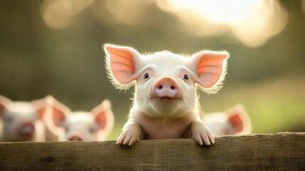 Piglet Curiosity:  A playful piglet with bright eyes gazes curiously at the camera from atop a wooden fence, while its siblings peek from behind.