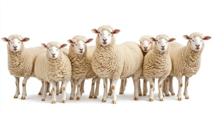 Obraz premium Seven Sheep: A captivating image of seven sheep standing shoulder to shoulder, gazing directly at the camera. Their fluffy white coats and curious expressions create a charming and unified scene. 
