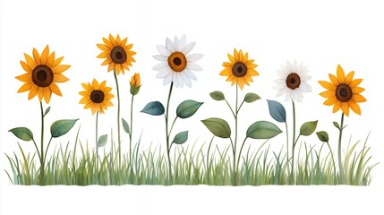 Vibrant Illustration of Sunflowers and Daisies Blooming in Lush Green Grass