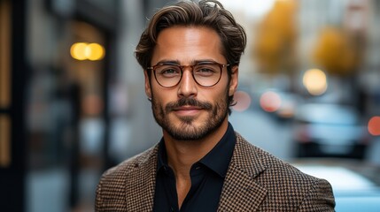 Fototapeta premium Portrait of confident businessman wearing stylish eyeglasses in urban setting