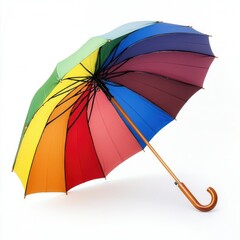 Rainbow-striped umbrella resting flat, showcasing its colors and wooden handle on a white background
