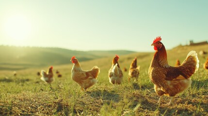 Fototapeta premium Golden Hour Chickens: A flock of free-range chickens, bathed in the warm glow of the setting sun, stroll across a lush green field.