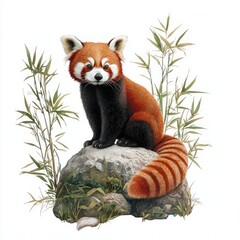 Red panda sitting gracefully on a rock surrounded by bamboo on a smooth white backdrop