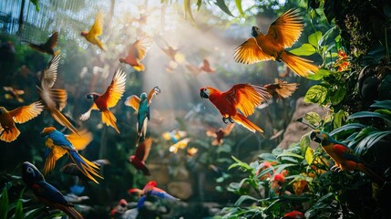 A vibrant aviary filled with exotic bird species flying freely in a lush, colorful environment.