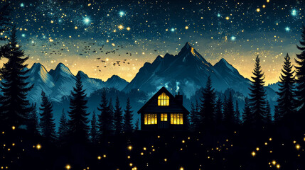 Fototapeta premium House in night forest with mountain and firefly game background. Dark Halloween wild woods park landscape and magic cabin. Spooky and mystic small cottage exterior with window above starry sky.