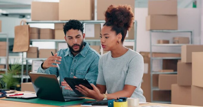 Laptop, tablet and people in office with boxes for online order confirmation, refund or shipping. Discussion, technology and supply chain managers with cardboard packages for logistics information.