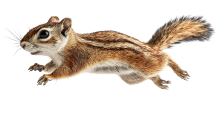 Squirrel jumping in mid-air with a side view showcasing its agility and playful nature
