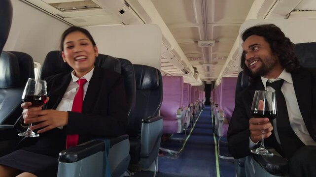 Traveling colleagues with liquor aboard a quiet airplane
