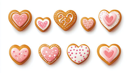 Fototapeta premium Gingerbread cookies in shape of heart, cartoon sweets for Valentines day or dating. Decorated pastry with icing and sprinkles, love symbols isolated on white background, Vector illustration, set