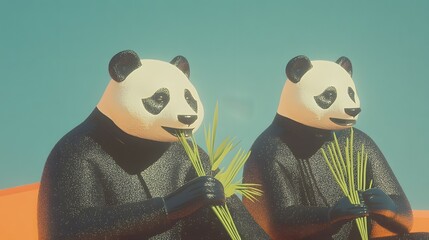 Adorable and Playful Panda Bears Munching on Fresh and Green Bamboo Shoots in Their Lush Forest Habitat