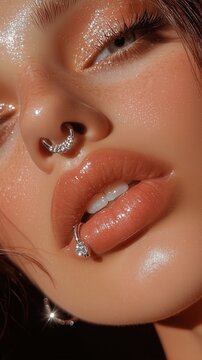 A close-up photograph of the lips and nose, featuring silver piercings lip minimalist diamond ring piercing on the bottom.