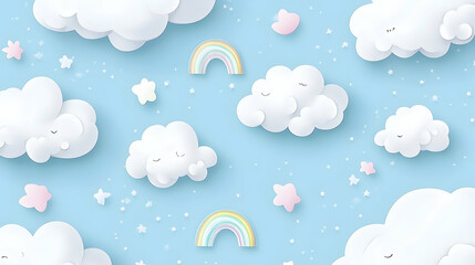 A playful pastel sky scene with fluffy clouds, tiny stars, and a rainbow, creating a dreamy atmosphere.