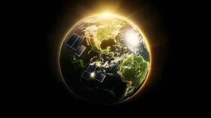 glowing Earth with solar panels, symbolizing sustainability and hope