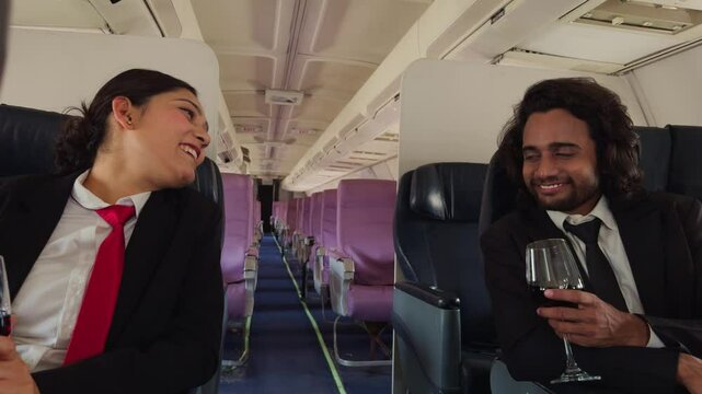 Two business professional savoring wine on empty flight