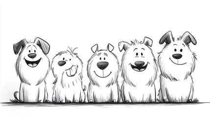 Delightful group of cartoon dogs in black and white line art for humorous designs