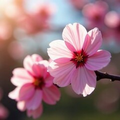 Fototapeta premium Delicate cherry blossom petals unfurl in warm sunlight, nature, flowers, pink petals