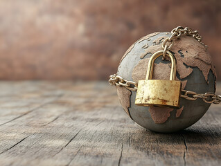 globe chained and locked with golden padlock symbolizes security and restriction
