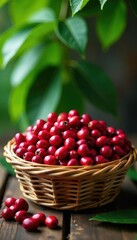 Freshly picked coffee cherries in a wicker basket, coffee cherries, foliage, rustic